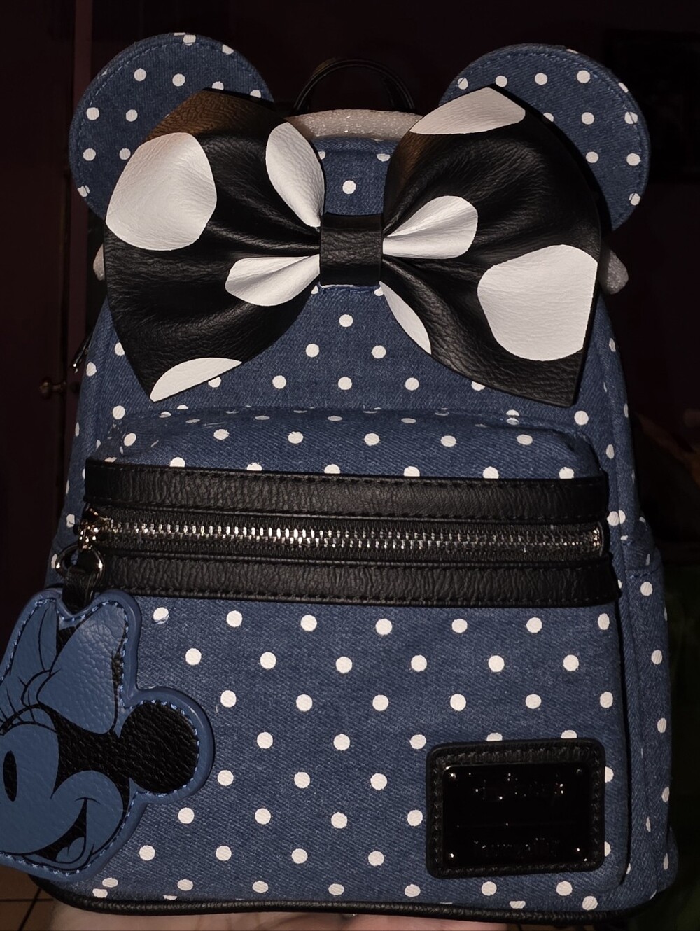New! Loungefly Disney Minnie Polka Dot Denim Mini Backpack